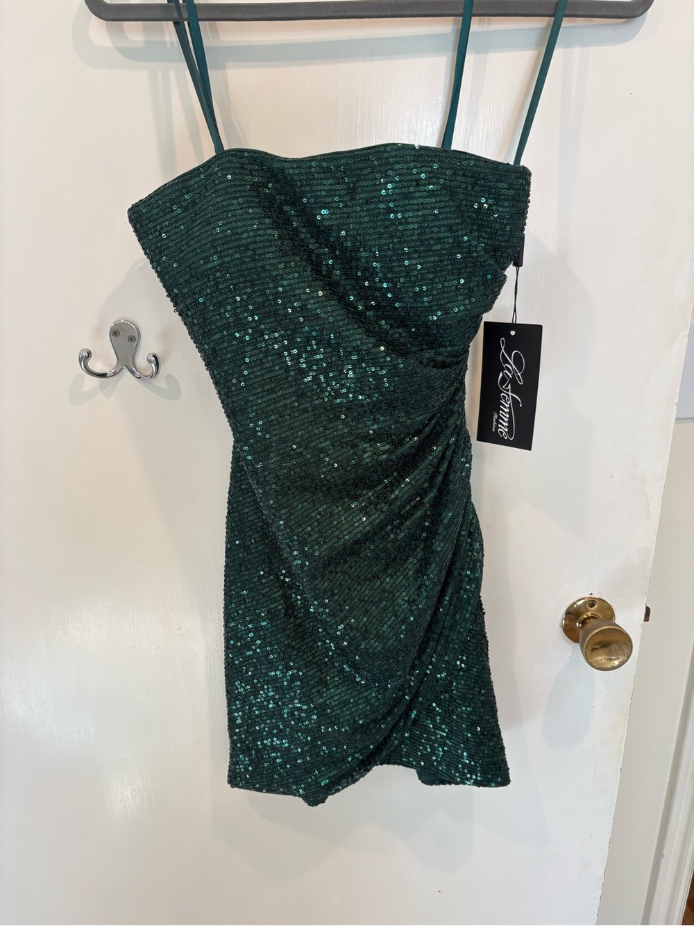 La Femme Emerald Green Sequin Draped Mini Dress
